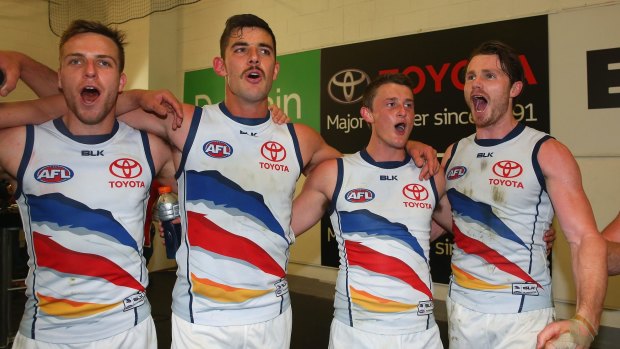 Brodie Smith (left) with Taykor Walker, Rory Laird and Patrick Dangerfield after the win over the Western Bulldogs.