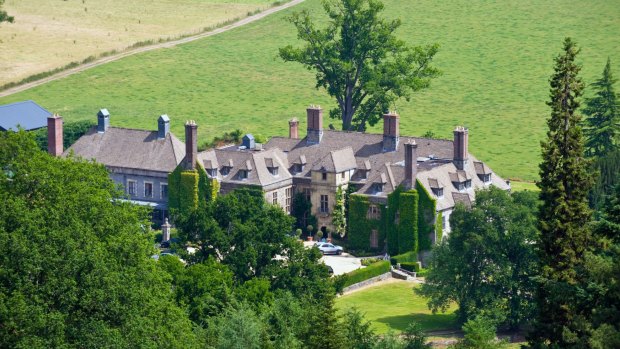 A view over Llangoed Hall, a luxury country house hotel near the village of Llyswen Powys.