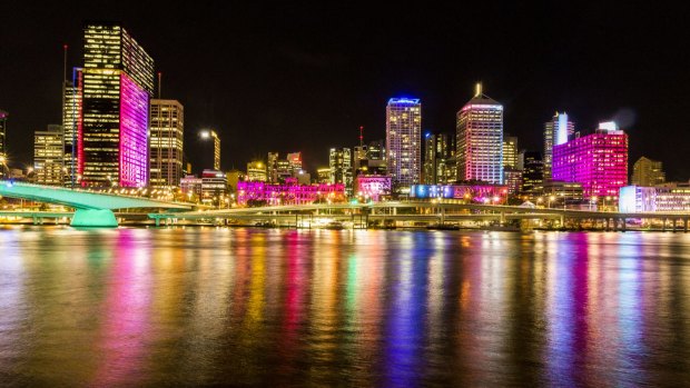 Brisbane CBD lit up with coloured lights for the G20. 