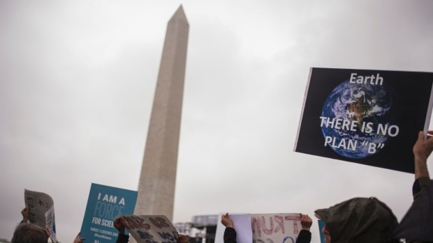 Demonstrators at the Washington Monument before the March for Science.