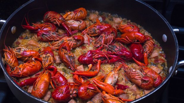 A  skillet full of New Orleans style crawfish jambalaya. 