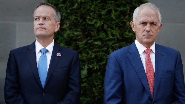 Bill Shorten and Malcolm Turnbull mark the start of the parliamentary year at the Australian War Memorial on Monday. 