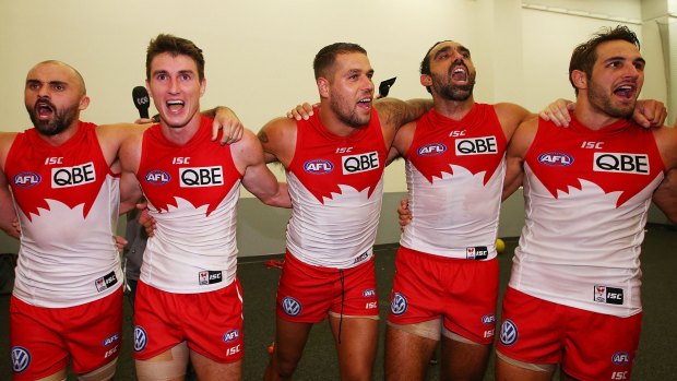Savouring the moment: Rhyce Shaw, Dean Towers; Lance Franklin, Adam Goodes and Josh Kennedy.  