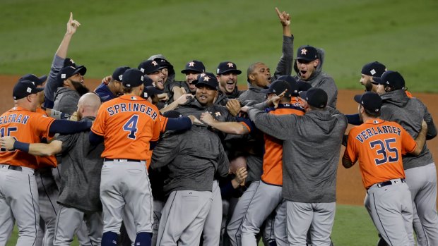 Breakthrough: The Astros celebrate winning their first ever World Series.