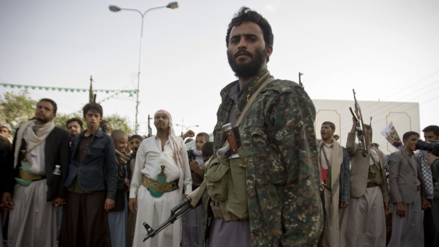 Houthi rebels at a protest against Saudi-led air strikes in the Yemeni capital Sanaa on Friday.