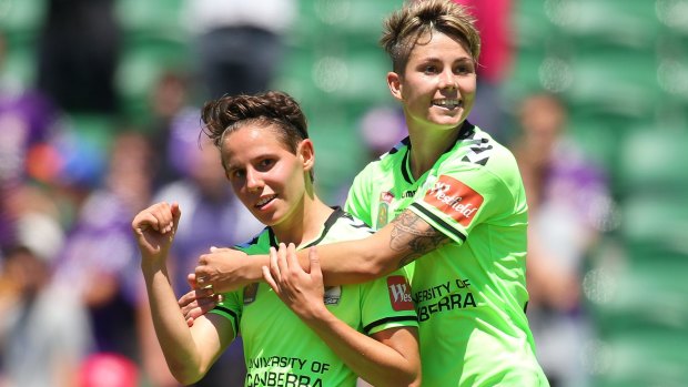Ashleigh Sykes, left, and Michelle Heyman are in the Matildas squad.