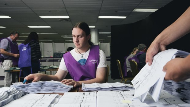 Lindsay Usher counting postal votes at the Australian Electoral Commission counting room in Civic. 

