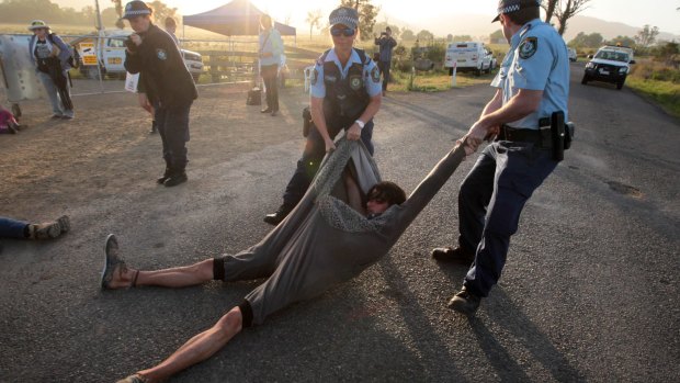An anti-CSG protester is dragged away near AGL's proposed gas field near Gloucester, last year.