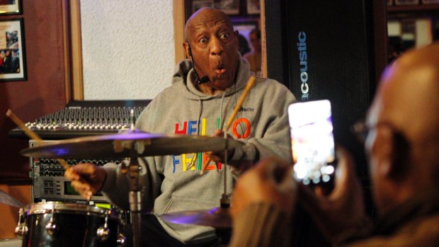 Bill Cosby plays the drums at the LaRose Jazz Club in Philadelphia on January 22, 2018.