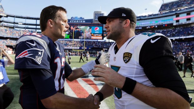 Face off: Tom Brady, left, and Blake Bortles shake hands when the Patriots and Jaguars last met, in the 2015-16 season.