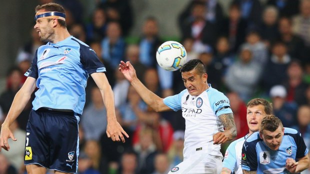Tim Cahill heads the ball in for a goal in the 53rd minute against Sydney FC in the FFA Cup final on Wednesday night. 