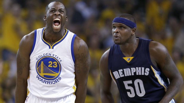 Celebration: Golden State Warriors forward Draymond Green celebrates after making a three-pointer in front of Memphis Grizzlies rival Zach Randolph.