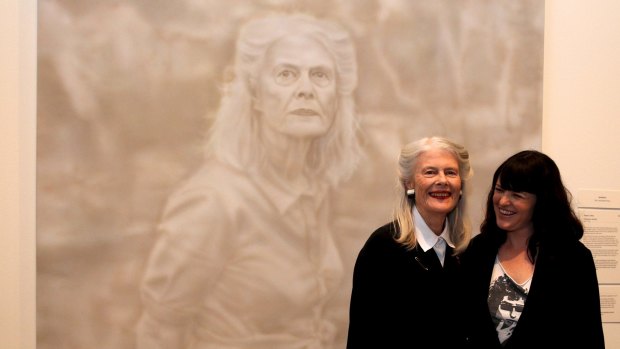 Archibald Prize winner Fiona Lowry with her subject, Penelope Seidler, at the Art Gallery of NSW in July. 