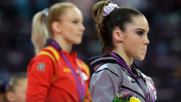 McKayla Maroney on the medal podium at the London Olympics. She is suing several bodies, including USA Gymnastics, over sexual abuse she suffered at the hands of a team doctor, Lawrence Nassar.
