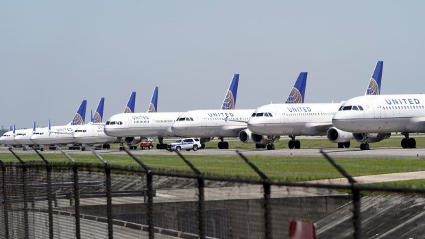 United Airlines planes parked at George Bush Intercontinental Airport as travel ground to a halt in March 2020.