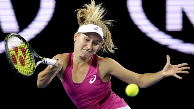 Winner in two sets ... Australian Daria Gavrilova makes a forehand return to Petra Kvitova of the Czech Republic.