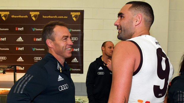 Hawks head coach Alastair Clarkson chats with Shaun Burgoyne after his stellar performance at the Adelaide Oval. 