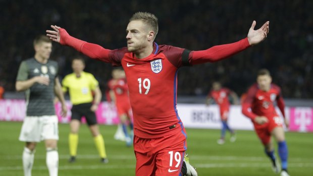 In form: England's Jamie Vardy celebrates after scoring his side's second goal.