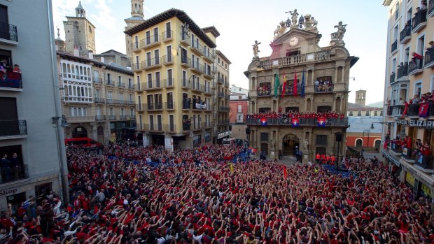 Supporters of soccer team CA Osasuna celebrate at the city hall in Pamplona, Spain, 21 May 2019. 