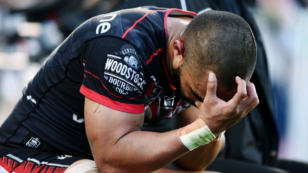 Can't bear to watch: Thomas Leuluai reacts during the round 25 NRL match between the New Zealand Warriors and the Wests Tigers at Mount Smart Stadium.
