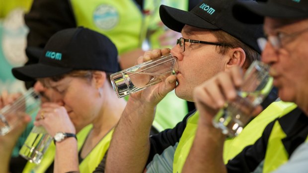 Judges decide the state's best drinking water in the finals of the 2017 Victorian Water Taste Test at the Bendigo Exhibition Centre on Wednesday. 
