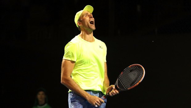 Battler: Ivo Karlovic celebrates his win, after five hours and 15 minutes. 