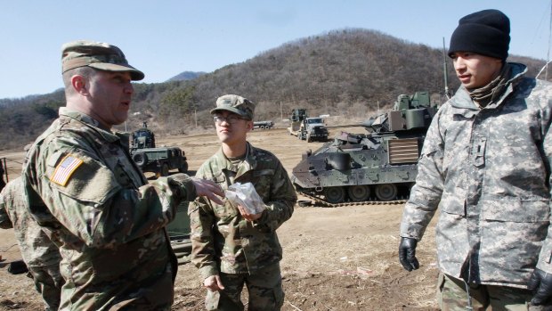 US soldiers prepare their military exercise in Paju, South Korea, near the border with North Korea last week.