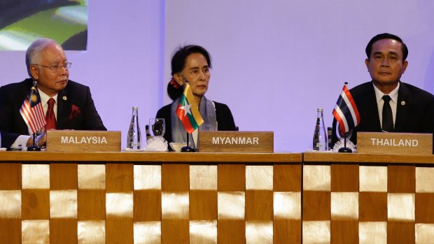 Malaysian Prime Minister Najib Razak, Myanmar State Counsellor Aung San Suu Kyi and Thai Prime Minister Prayuth Chan-ocha at the summit.