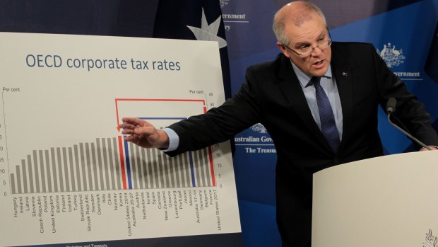 Scott Morrison highlights Australia's high official corporate tax rate compared to other OECD countries at a media conference in December. 