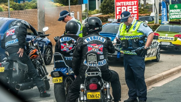 ACT policing make their presence felt in Wollongong street Fyshwick, the home of the Rebels bikie clubhouse, ahead of this weekends planned club Annual meeting. Photo by Karleen Minney.