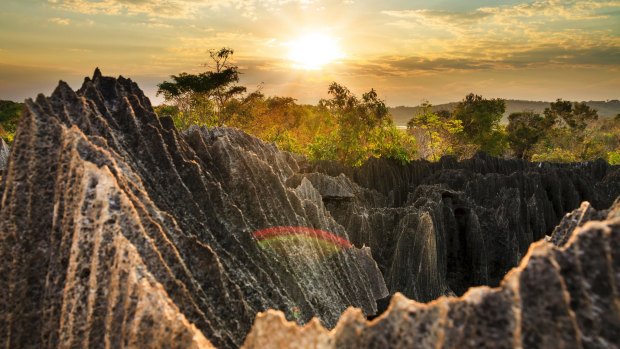 The sun sets in the Tsingy de Bemaraha.