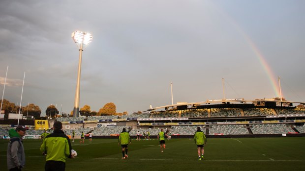 The Raiders trained under lights – and a rainbow – at Canberra Stadium on Wednesday.