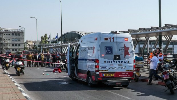 Israeli ambulance teams at the scene of the stabbing in Tel Aviv. 