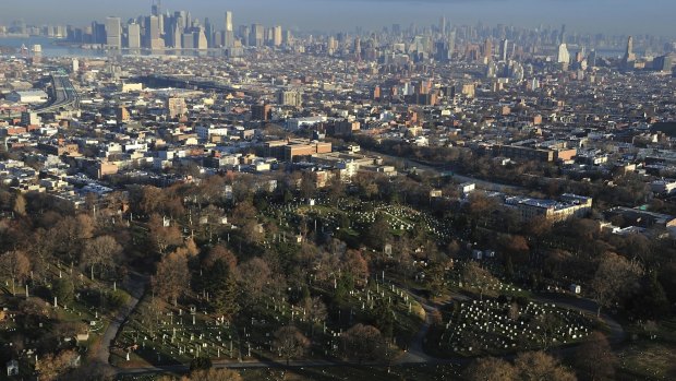 View over Green-Wood Cemetery and downtown Brooklyn, New York.