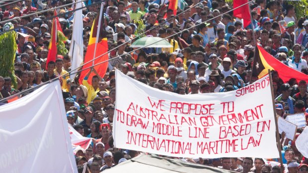 At least 10,000 people protest in Dili last year against Australia's stance on the oil and gas meridian line in the Timor Sea. 