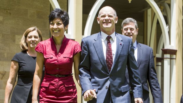 Assistant Minister to the Premier Deb Frecklington, Lisa Newman, Premiere Campbell Newman and Treasurer  Tim Nicholls at Parliament House on on Monday.