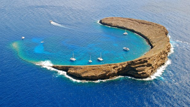 An aerial view of Molokini Island.
