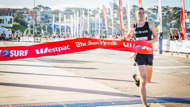 Harry Summers, the first man to cross the finish line at the <i>The Sun Herald</i> City2Surf at Bondi Beach last August.