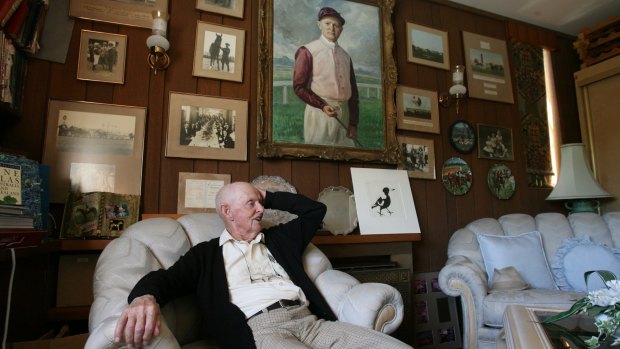 Edgar Britt in his trophy room at his Avalon home, 2010.