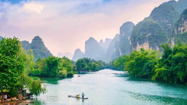 The Li River and Karst Mountains, near Guilin, China.