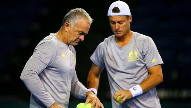 Fire still burns: Lleyton Hewitt and Wally Masur in Glasgow for Australia’s Davis Cup clash with Britain. 