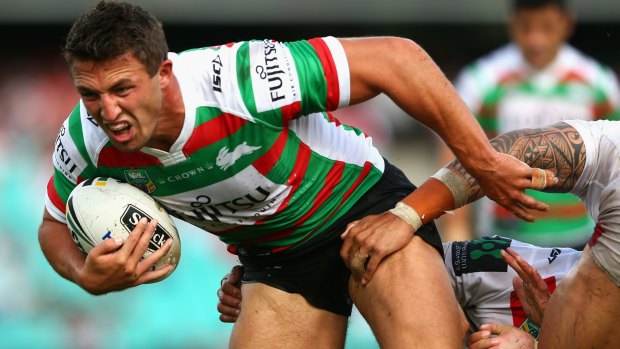 Time out: Sam Burgess in action for the Bunnies against the Dragons before he suffered his injury.