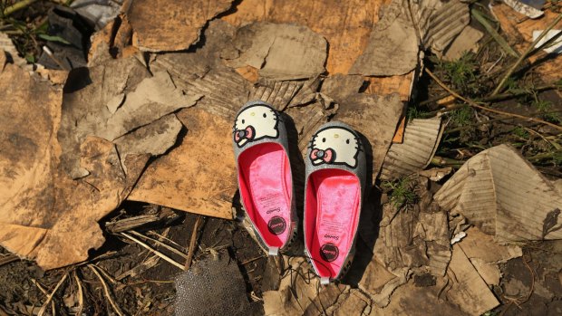 A pair of hello kitty shoes lay at one of the sites where the front section of Malaysian flight MH17 crashed and the pilots bodies were found. 298 people were killed, including 38 Australians.