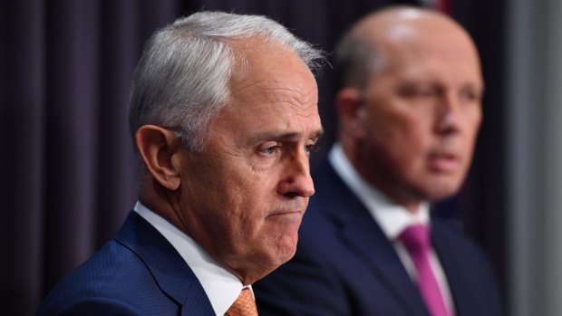 Prime Minister Malcolm Turnbull and Minister for Immigration Peter Dutton at a press conference in Canberra on Monday.