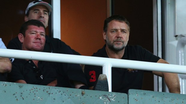 Getting down to business: James Packer and Russell Crowe.