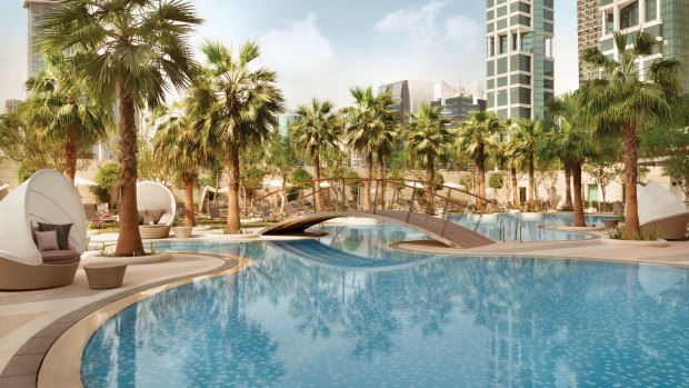 The pool area at Shangri-La Doha Hotel.