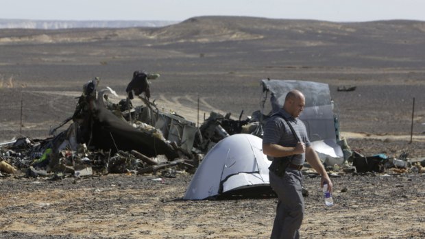 A Russian investigator near the wreckage of the Metrojet plane that crashed in Egypt in November.