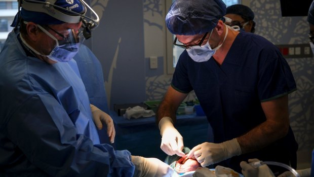 Surgeon George Dimitroulis watches as Prosthodontist Simon Watson fits teeth onto the new frame.
