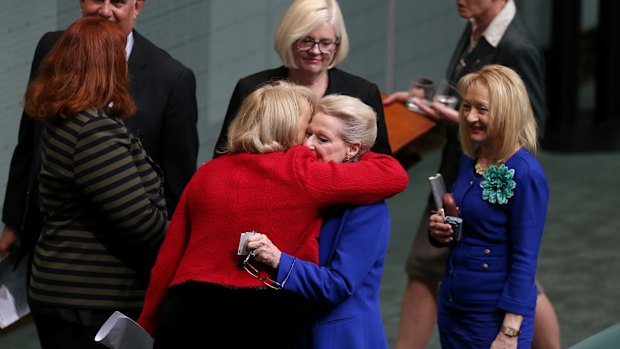 Bronwyn Bishop is embraced by colleagues after the vote to replace her.