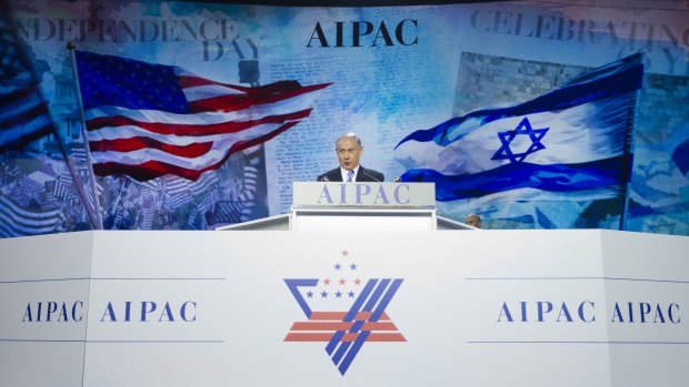 Israeli Prime Minister Benjamin Netanyahu gives his speech in Washington on Monday.